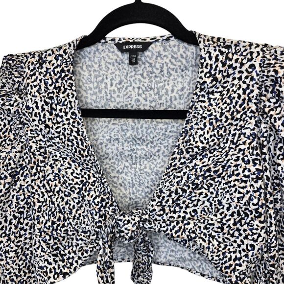Express Women's XXS Animal Print Long Sleeve Tie-Front Long Sleeve Crop Top - Picture 3 of 16